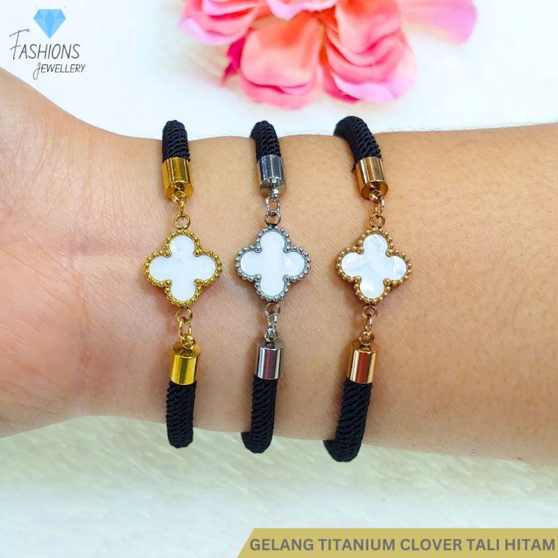 gelang titanium clover tali hitam anti karat