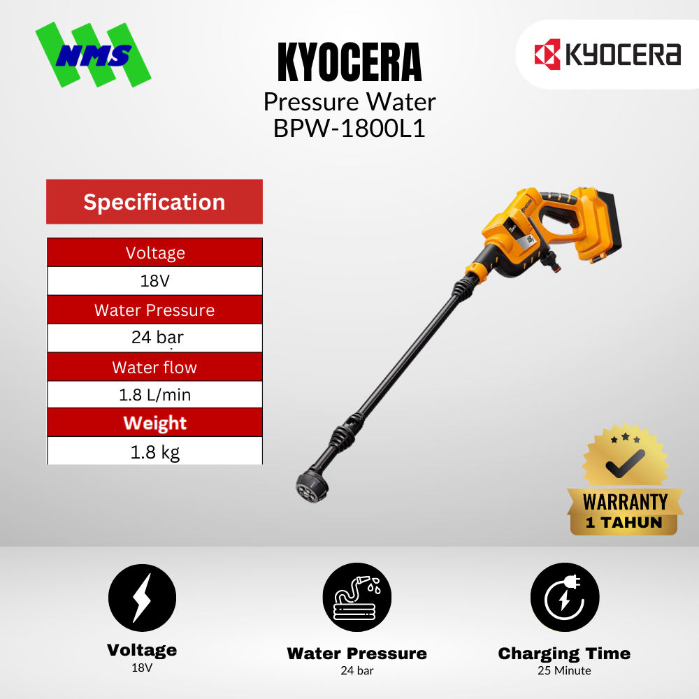 Mesin Steam Baterai KYOCERA BPW-1800L1 18V Cordless Pressure Water Tekanan 24 bar Air 1.8 L/min Port
