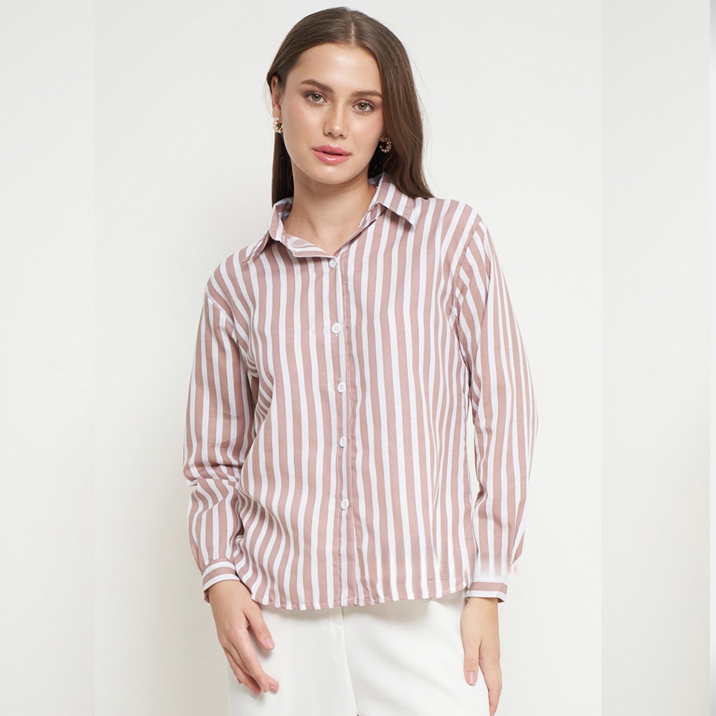 Kemeja Wanita Motif Salur Stripe Korean Style By Azka Collection