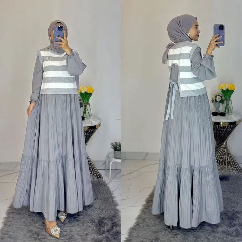 Sasha - gamis dress baju import premium crinckle plisket cardigan Kardi jumbo M L XL XXL salur garis