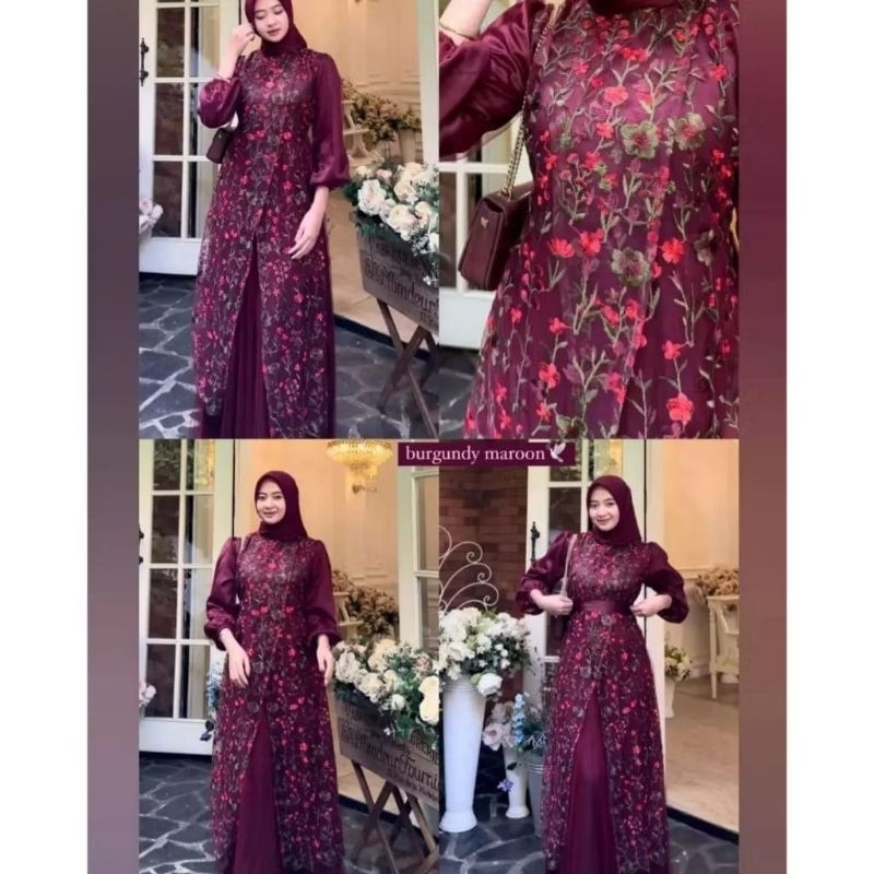 Fera - gamis dress baju import premium Velvet brukat jumbo M L XL XXL mix tile sayap acara pesta kon