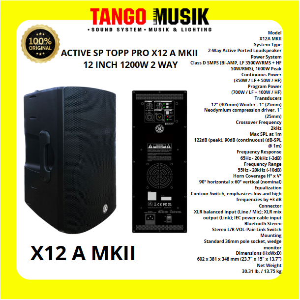 ACTIVE SPEAKER TOPP PRO X12 A MKII 12 INCH 1200 WATT 2 WAY ORIGINAL (HARGA 1 UNIT) Speaker aktif fir