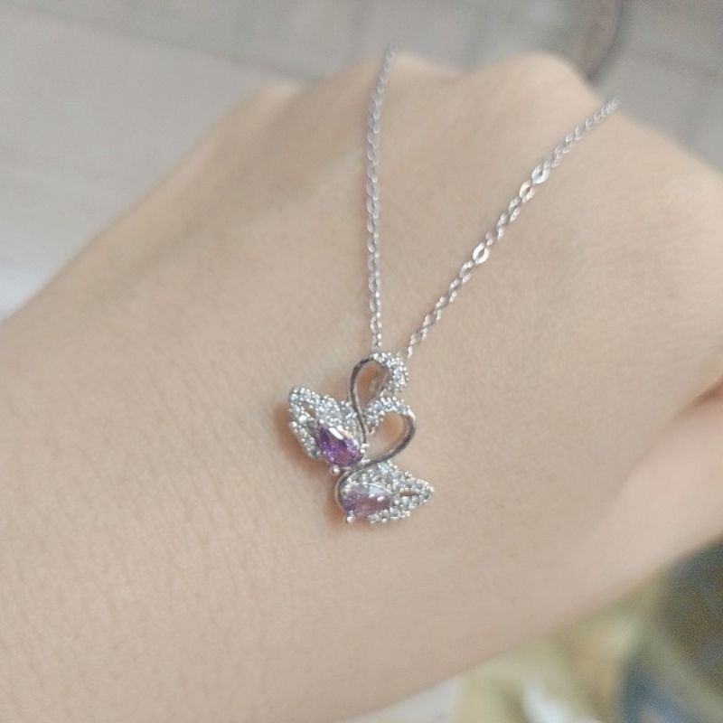 Titanium New kalung liontin dobel Angsa Permata batu  ungu Anti  karat dan tidak luntur