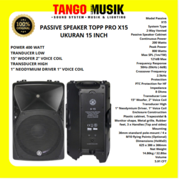 PASSIVE SPEAKER 15 INCH 400 WATT TOPP PRO X15 ORIGINAL (HARGA 1 UNIT) Speaker Pasif 15 Inch Firstcla