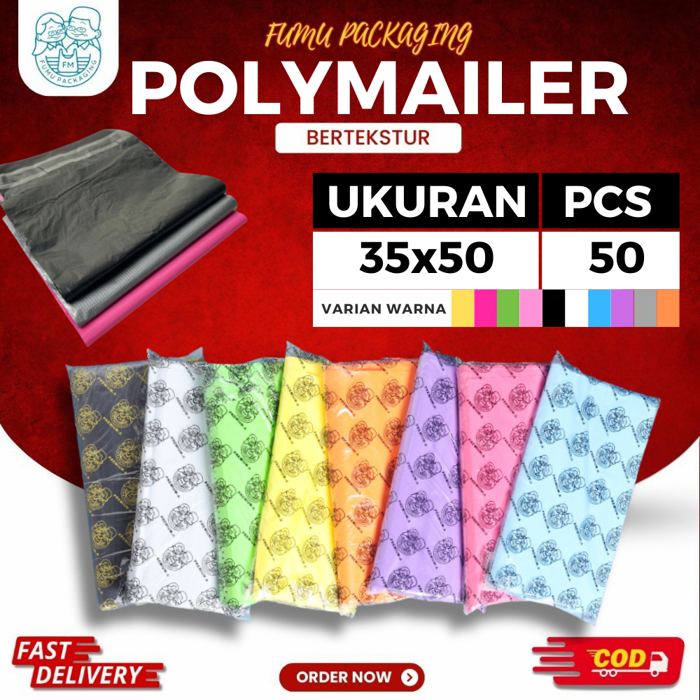 Fumu packing plastik 35X50CM bertekstur packaging polymailer elastis bahan hdpe polymailer isi 50pc