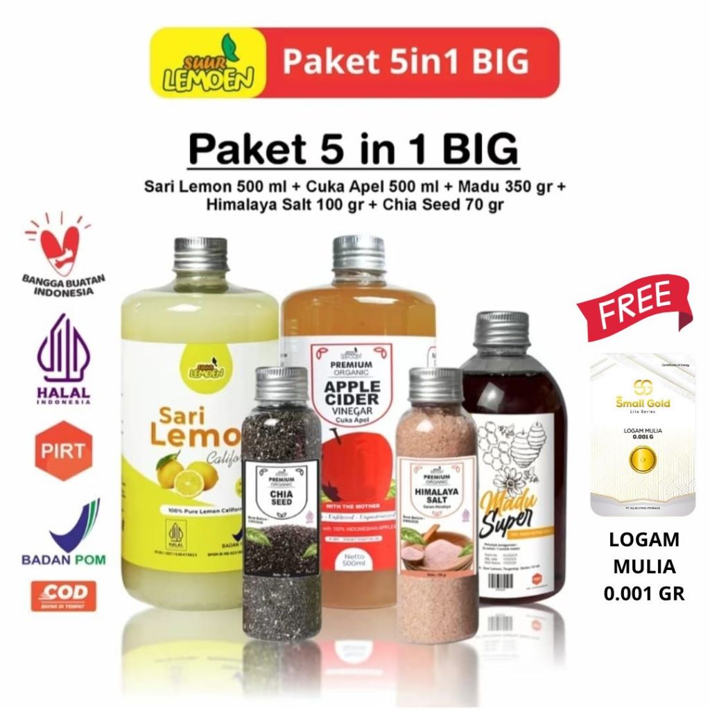 

Suur Lemoen Paket Diskon 50% Diet dan Detox 5in1 BIG - Paket Hemat Cuka Apel, Sari Lemon, Chia Seed, Madu Hutan, Garam Himalaya