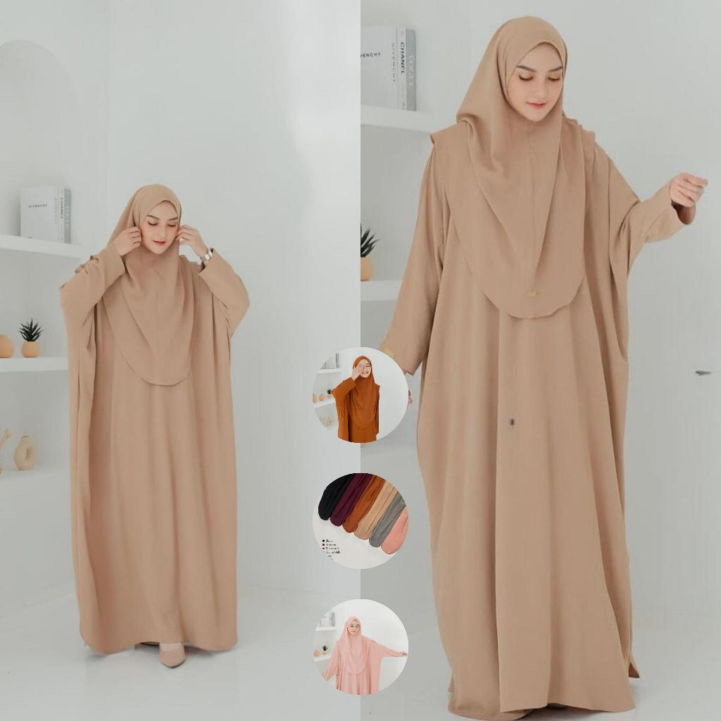 Mecca Dress Crinkle Airflow Abaya Polos Wanita Muslim Batwing Set Hijab All Size Mocca 003