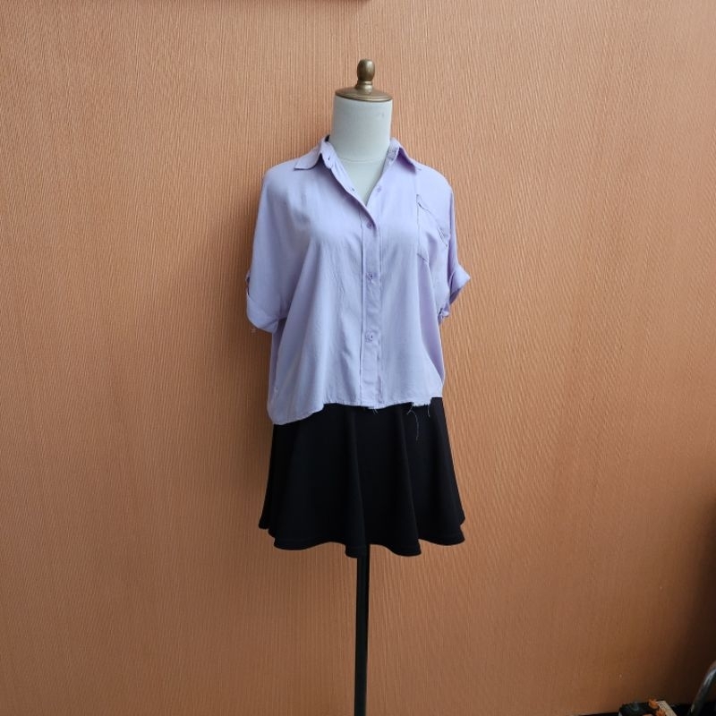 atasan kemeja wanita lilac ungu muda pastel M cewek L crop top lengan pendek cute oversized