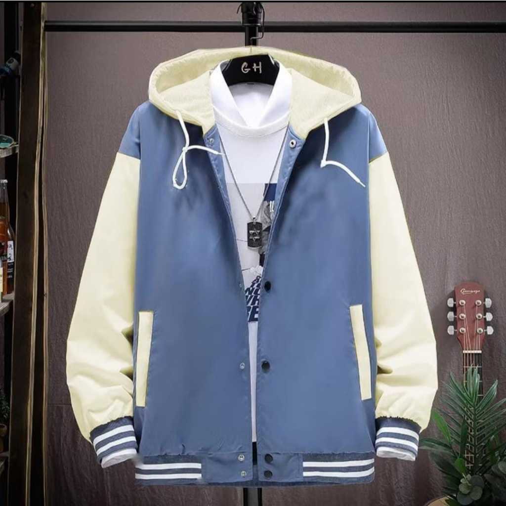 Jaket Baseball Varsity Denim Cream Polos - Jaket Varsity Model Hoodie Polos Premium Quality Unisex
