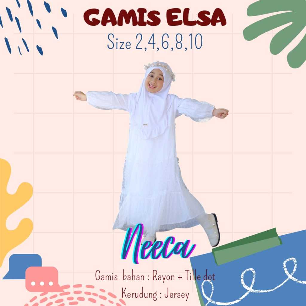 Gamis Elsa Set Kerudung Warna Putih Gamis Anak Elsa Bahan Rayon Twill Tile Dot Neeca Size 2 4 6 8 10