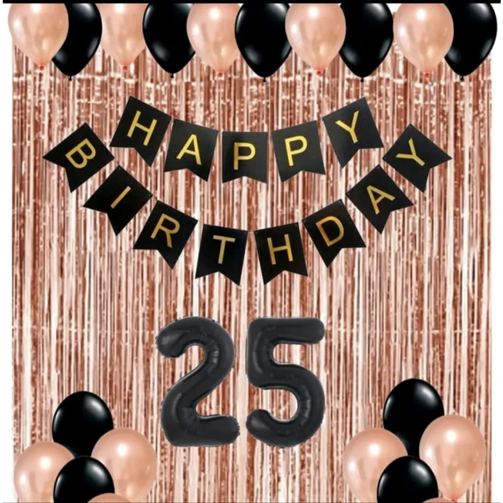 Paket Set Dekorasi Backdrop Ulang Tahun Tirai Rose Gold Banner Happy Birthday Warna Hitam