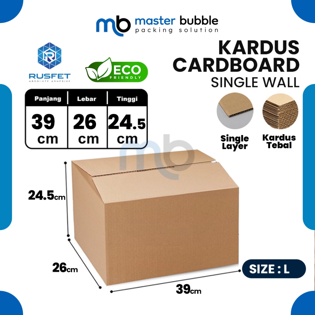 

Kardus Packing Dus 39 X 26 X 24.5 cm Box Cardboard RUSFET Single Layer Coklat Polos Harga Ecer