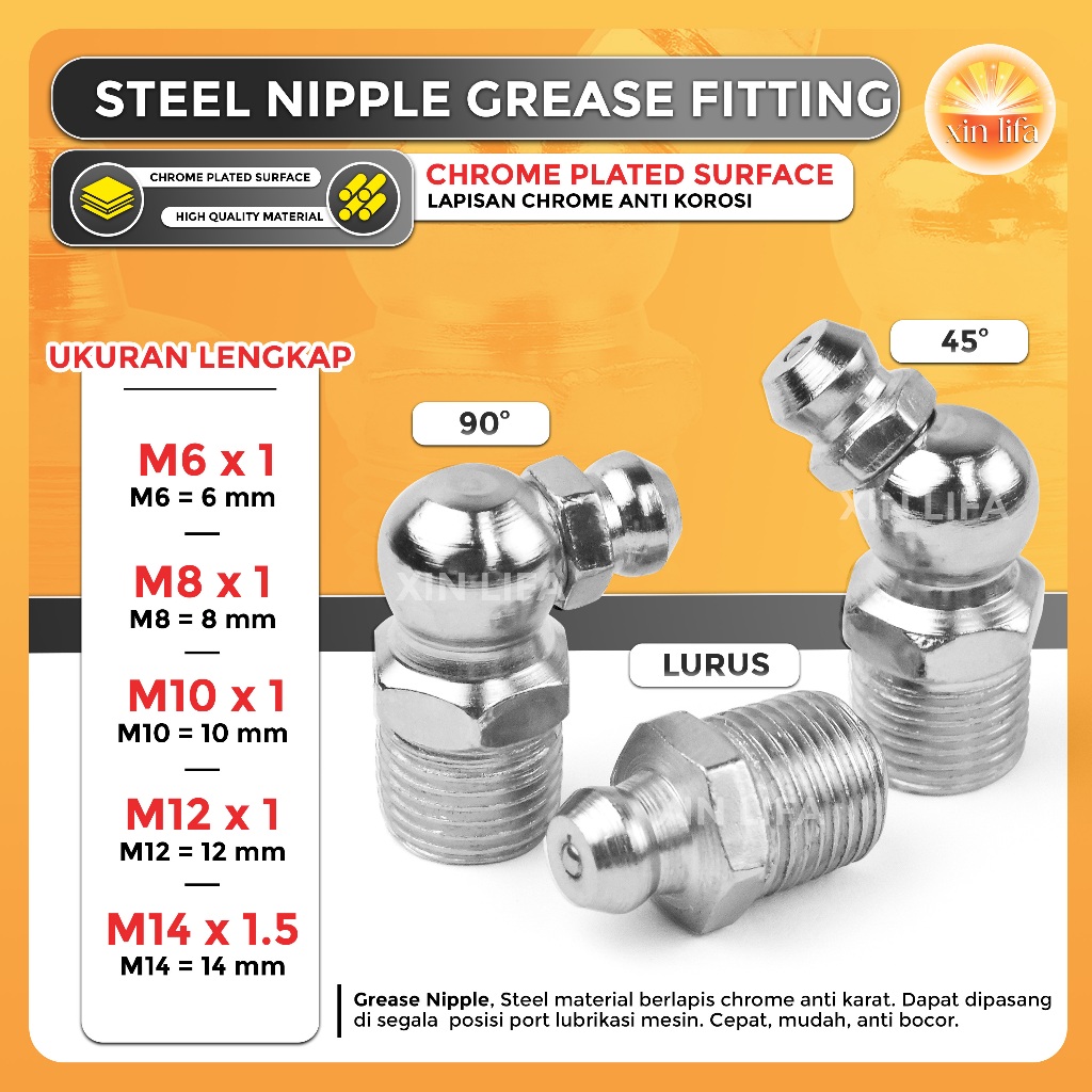 NIPPLE GREASE STEEL CRHOME 6MM 8MM 10MM 12MM NEPEL LURUS/45°/90°
