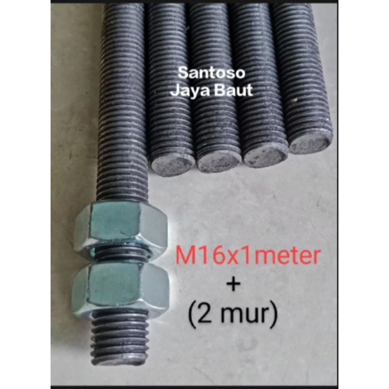 As Drat M16 Panjang 1 Meter( Drat Kasar)+2 Mur Baut Long Full Drat