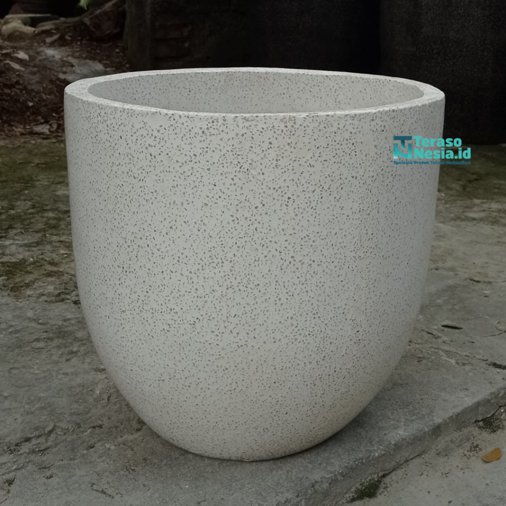 Pot Teraso Tipe Kapsul Warna Putih Diameter 40 Cm Tinggi 40 Cm | Pot Terazzo Minimalis Outdoor Indoo