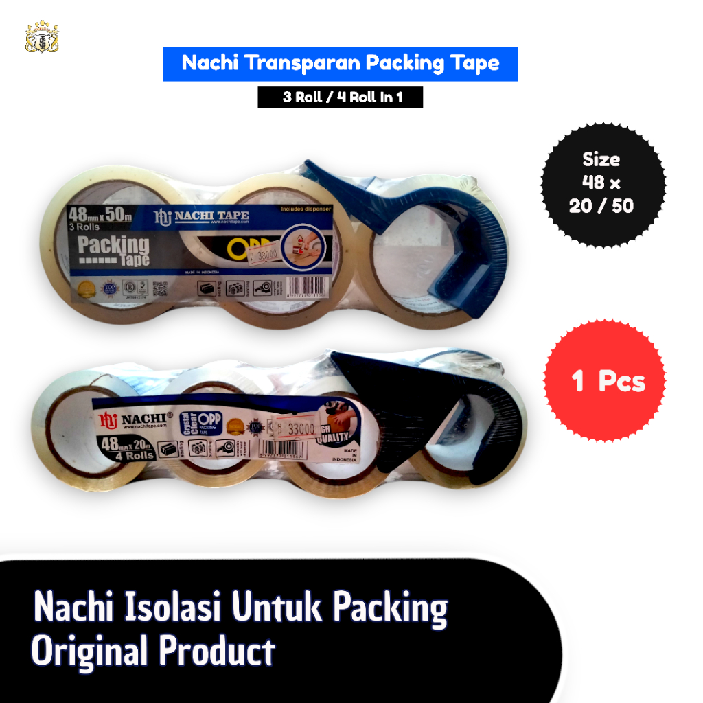 

Isolasi Packing Transparan Nachi Size 48 mm x 20 m / 50 m Untuk Kardus / Karton
