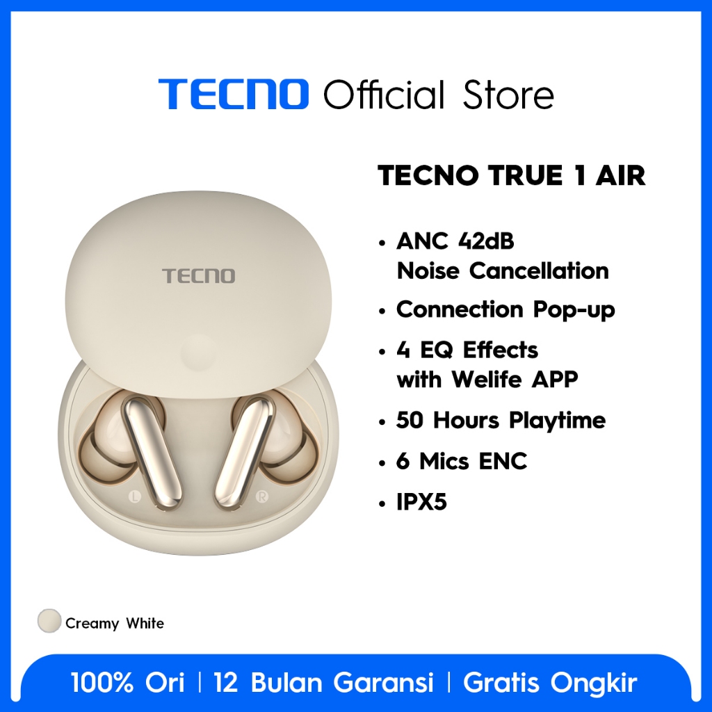 TECNO TWS True 1 Air - 42dB ANC, Auto Connection Pop-up, Multi-EQ Effects with Welife APP, 50-Hours of Playtime, 6 Mics ENS, IPX5 - Gambar 2