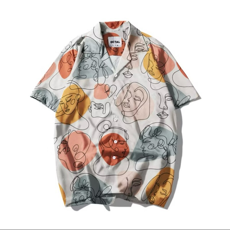 Kemeja Motif Pattern pantai printing Casual pria - wanita OCTAL