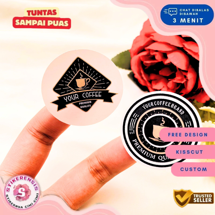 

2-4 Stiker Label Minuman Coffe Sticker Bulat Kopi Bahan Chromo Free Desain Produk Coffe Stikerensis