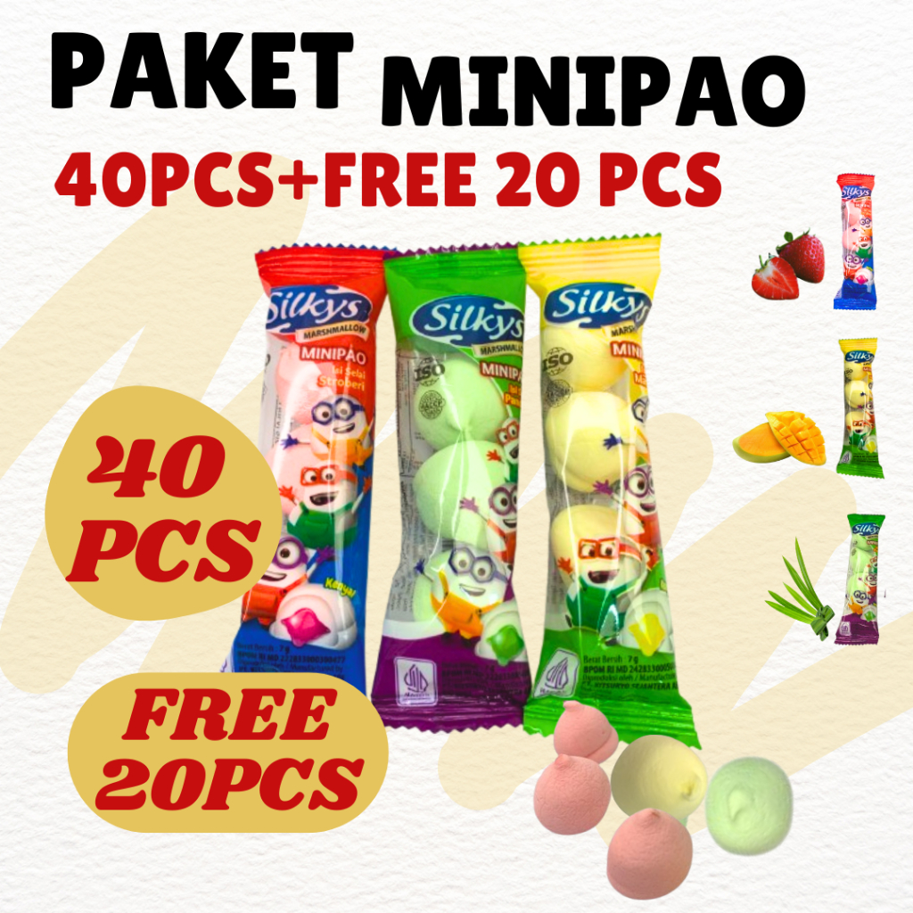 

PAKET MARSHMELLOW MINIPAO 40PCS+FREE 20PCS TURUN HARGA MARSHMELLOW MINIPAO ANEKA RASA MANGGA STRAWBERRY PANDAN TERBARU HALAL RASA BUAH BUAHAN CEMILAN ANAK LUCU DAN SEHAT Candy Food Snack Jajanan Jeli Paket Usaha Jajanan SD 1 DUS Jajanan Grosir