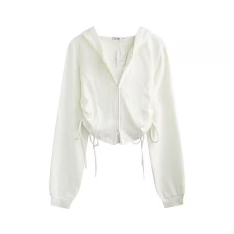 CUCI GUDANG Adella crop jaket polos wanita model tali serut Sweater atasan hoodie zipper wanita