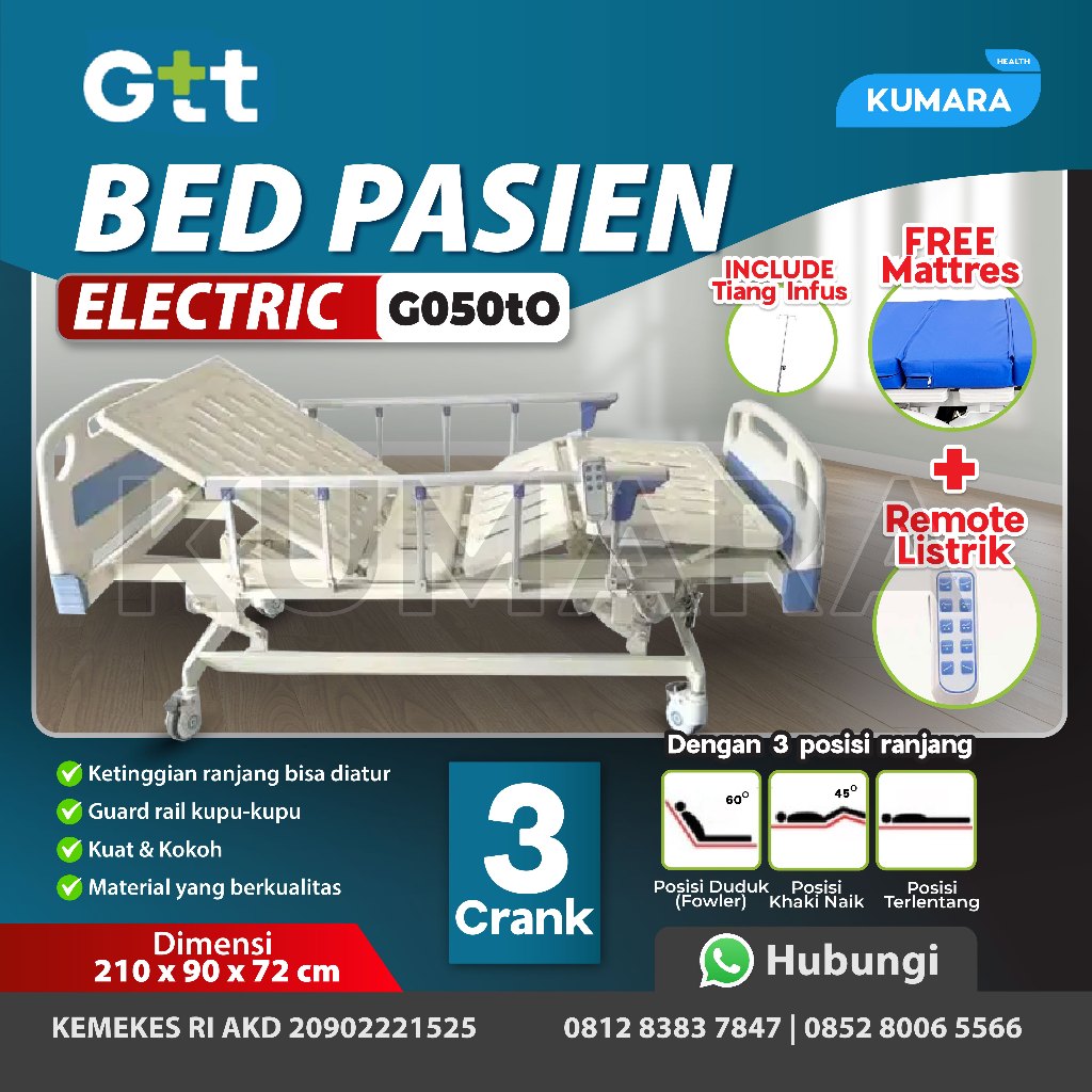 GTT - Hospital Bed 3 Crank Electric G050TO / Bed Pasien / Ranjang Pasien Elektrik