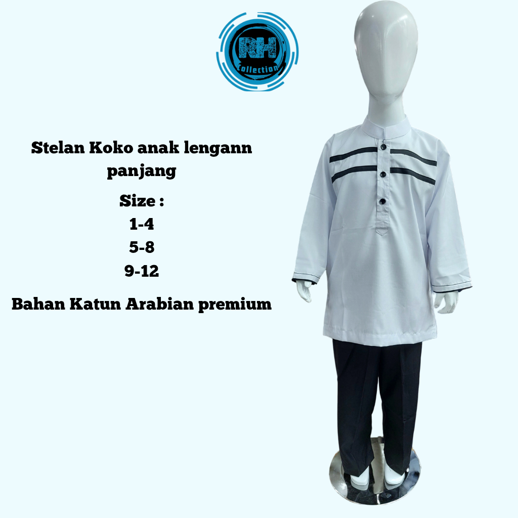 Stelan kurta anak putih hitam lengan panjang