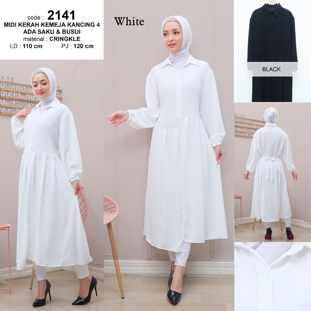 [ DENOVASTYLE ] PROMO MIDI DRESS TERBARU POLOS SERI HITAM PUTIH KERAH KEMEJA KANCING 4 ADA SAKU & BU