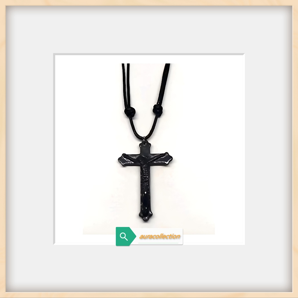 Kalung Salib Katolik Pria Tali Hitam / Kalung Salib Tali Korea