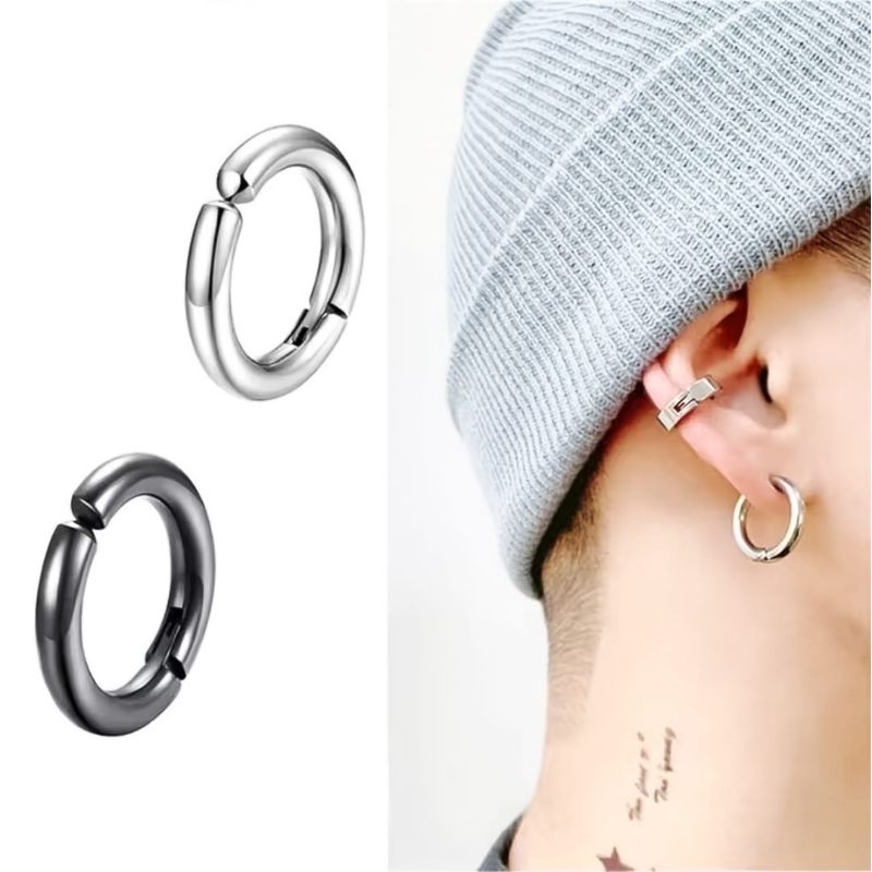 Anting jepit titanium keren model hoop Korea pria wanita tanpa tindik