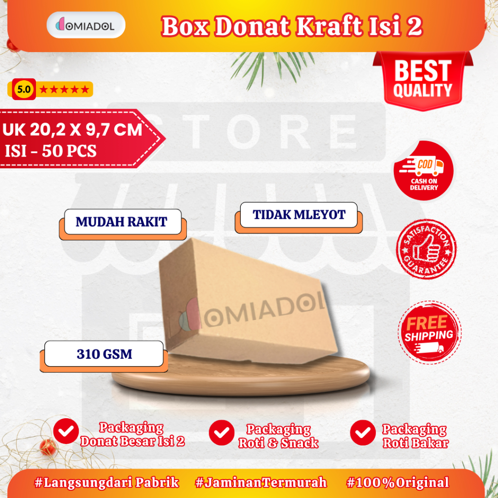 

(50 Pcs) Box Roti Bakar/ Dus Donat Isi 2 Ukuran 20,2x9,7x5,5 Kraft 310 Gsm