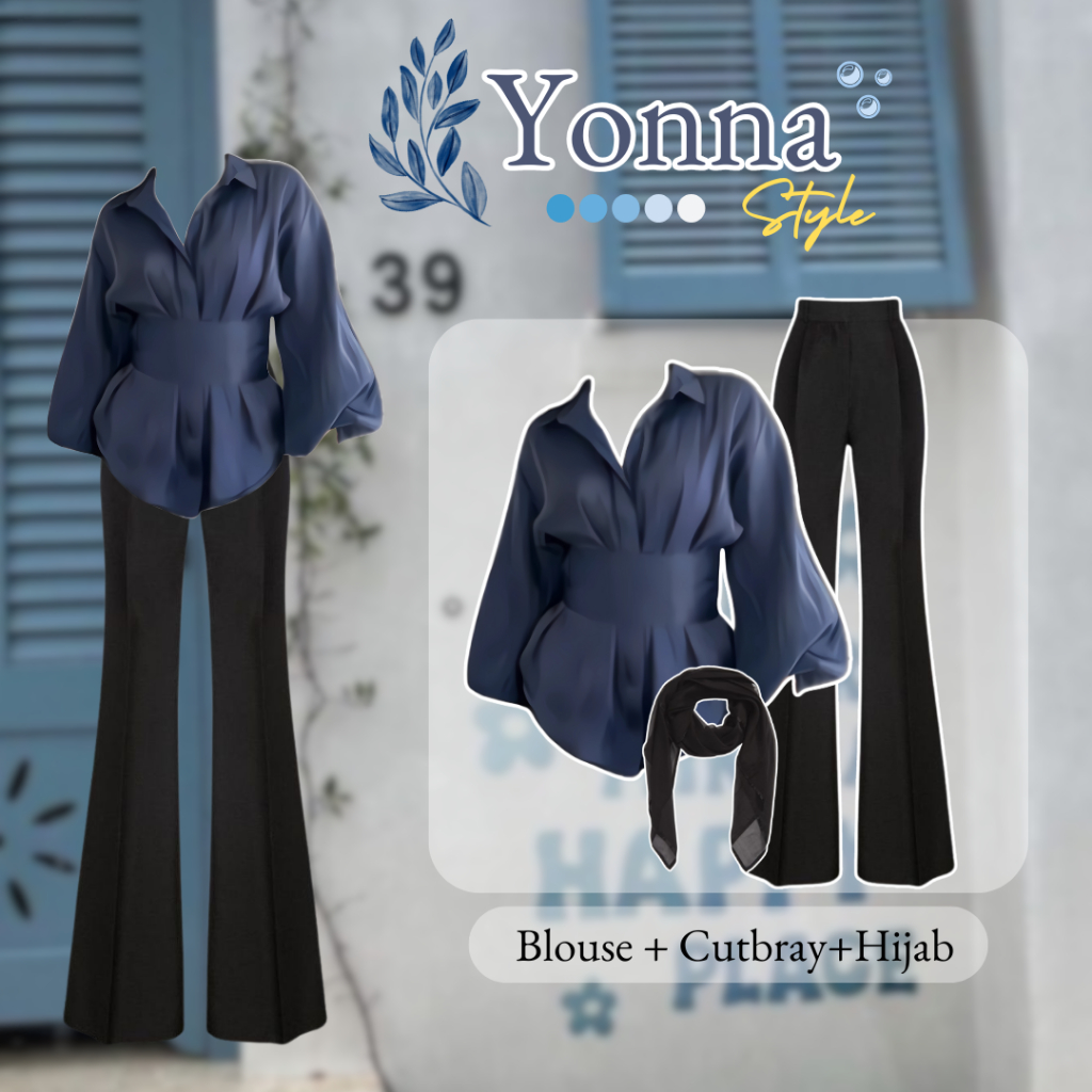 Outfit Kuliah Wanita Hijab One Set Simple + Blouse Wanita + Celana Cutbray + Hijab Segi Empat(RF0053