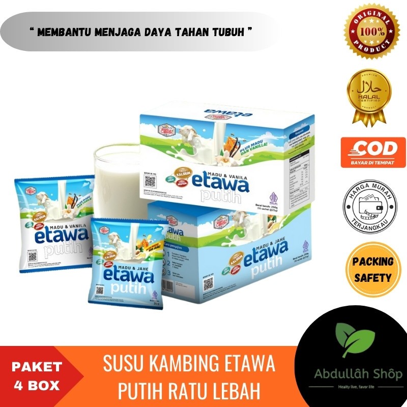 

[PAKET 4 BOX] Etawa Putih | Susu Kambing Bubuk Isi 10 Shacet | Rasa Madu & Vanila | Rasa Madu &Jahe | Susu Etawa Ratu Lebah