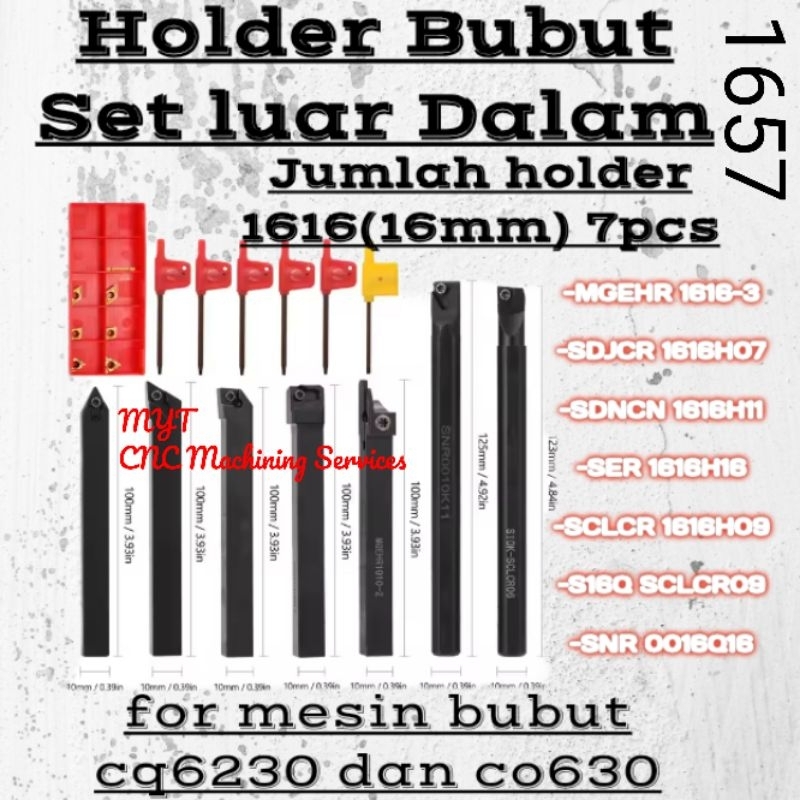7PC Holderbubut set luar dalam tinggal pakai for mesin bubut cq6230 dan co630 1616 16MM