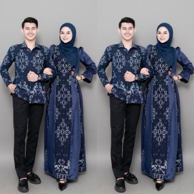 MAYA COUPLE TENUN NAVY - DRESS LEBARAN - GAMIS LEBARAN - SARIMBIT TENUN