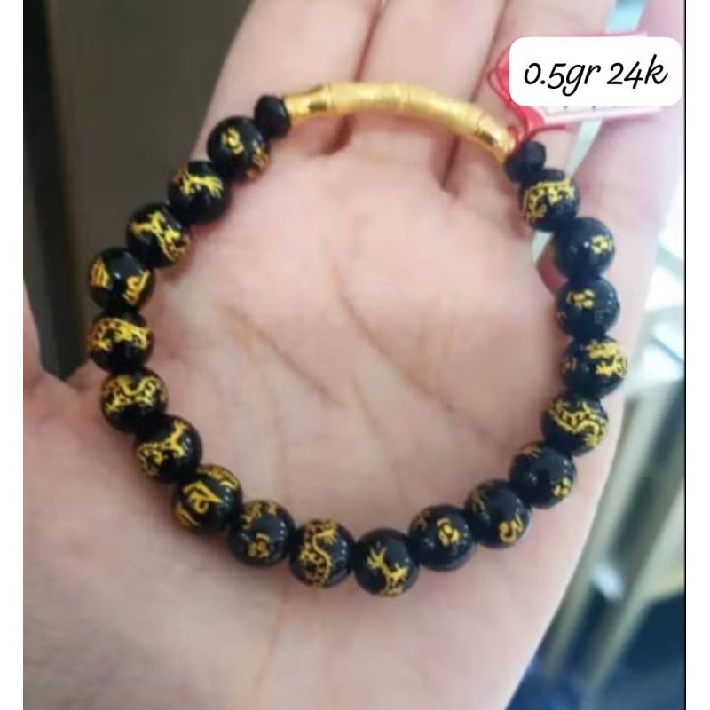 Gelang Emas Asli Bambu Tulang 24K Hongkong 999% Batu Oak Hitam