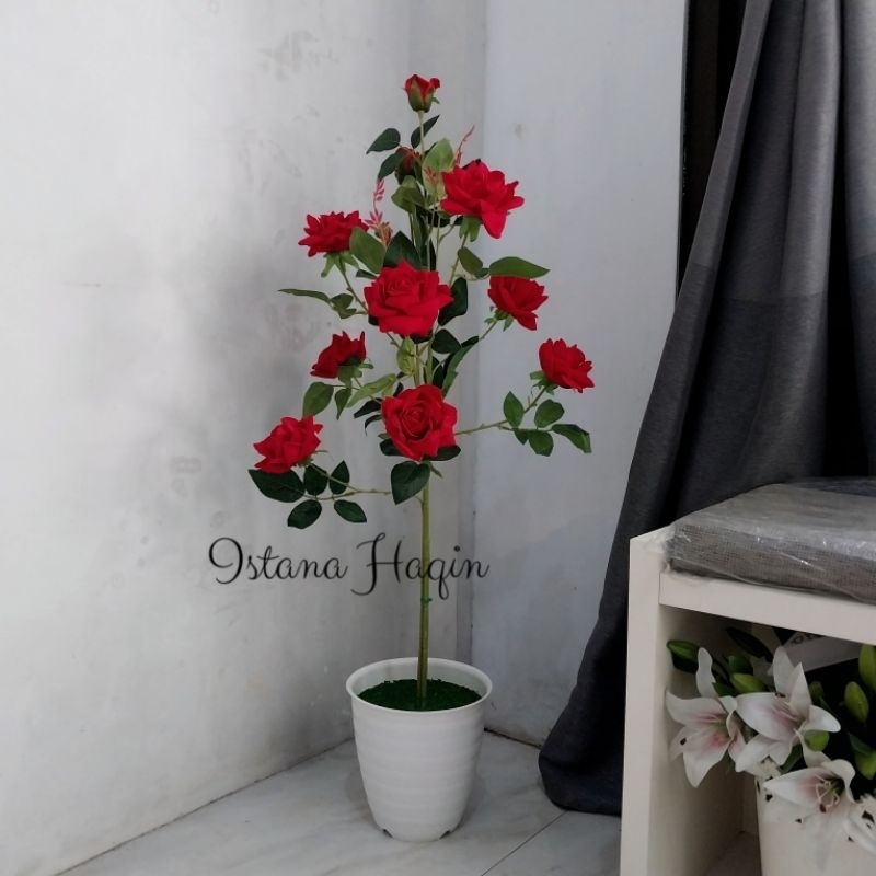 Mawar Bludru Artificial Bunga Sudut Jumbo 10 Kuntum plus Pot