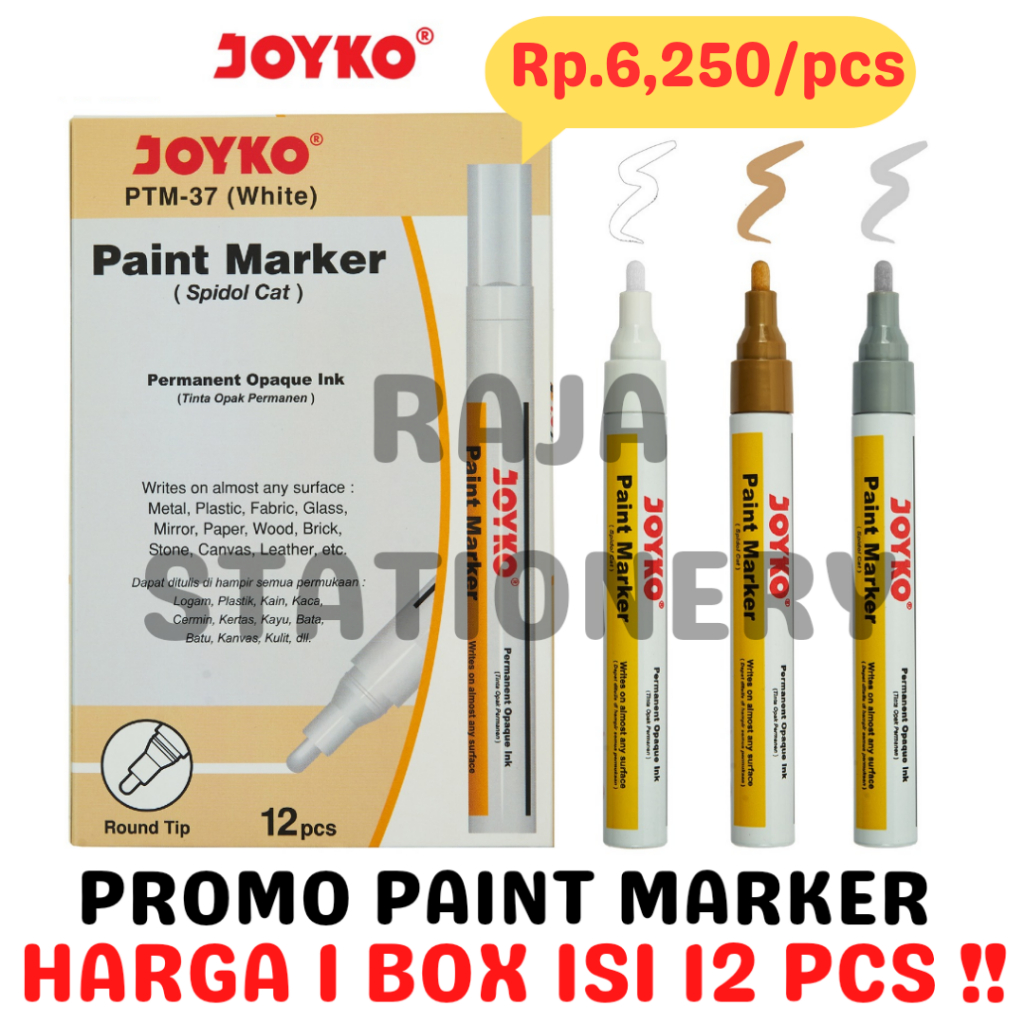 JOYKO PERMANENT PAINT MARKER WHITE GOLD SILVER BLACK SPIDOL KACA CAT PUTIH EMAS ABU HITAM [12PCS]
