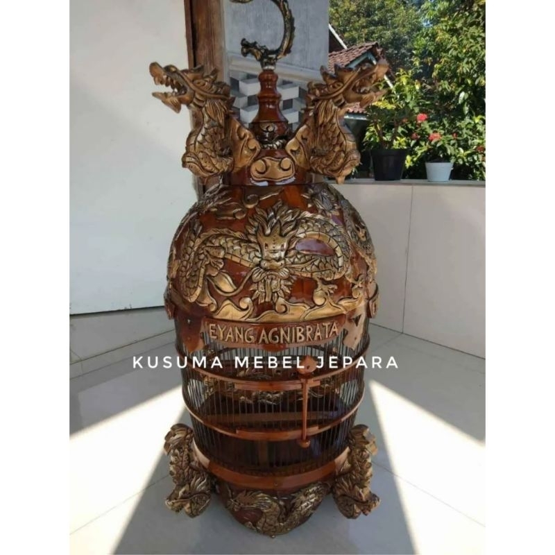 Sangkar Burung Perkutut Model Mahkota Ukir Nama Custom Relief Naga Kayu Jati Finishing Duco Emas (Fr