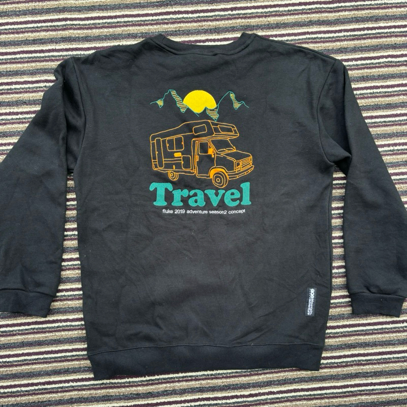 Crewneck FLUKE travel Original Sweater Black Ori Second Mulus baju brand Bagus cn ukuran L