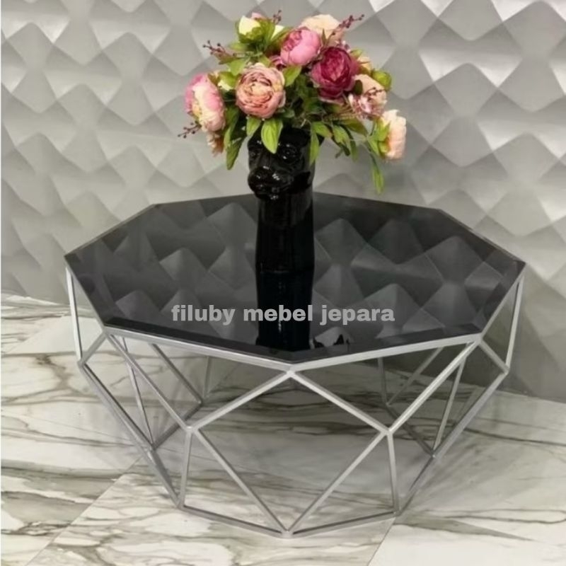 Meja tamu rangka besi daun kaca