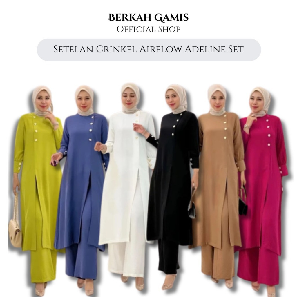 HOT SALE Setelan Crinkel Airflow Premium Adeline Set Wanita Tunik Celana Kulot Saku Kanan Kancing