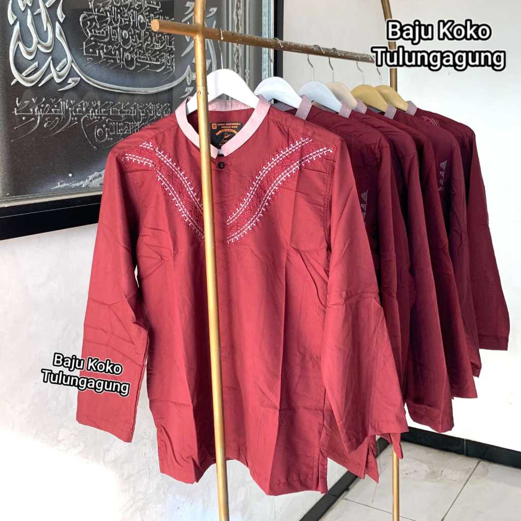Baju Koko Pria merah maroon Dewasa Motif Bordir Lengan Panjang Busana Muslim Kasual Pria Baju Lebara