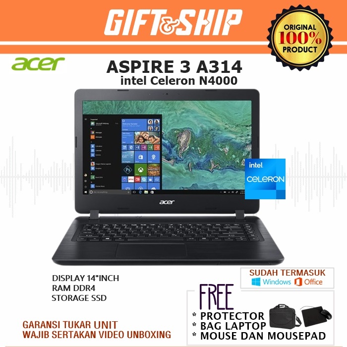 ACER A314 N4000 [RAM 8GB/SSD 512GB] 14" INCH W 10 free BAG LAPTOP-MOUSE