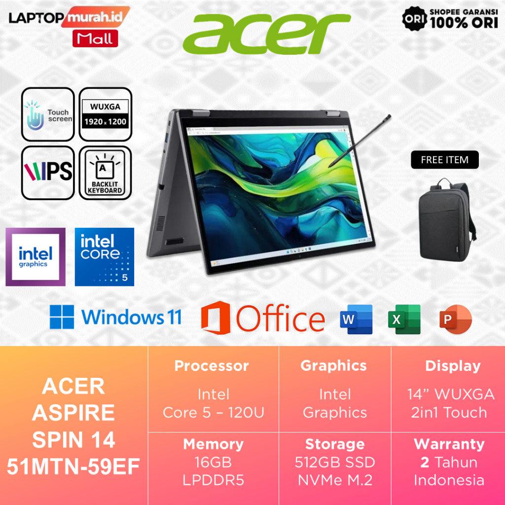 Laptop Acer Aspire Core 5 120U 16GB 512GB 14" WUXGA IPS 2in1 Touch - Acer Aspire Spin 51MTN-59EF