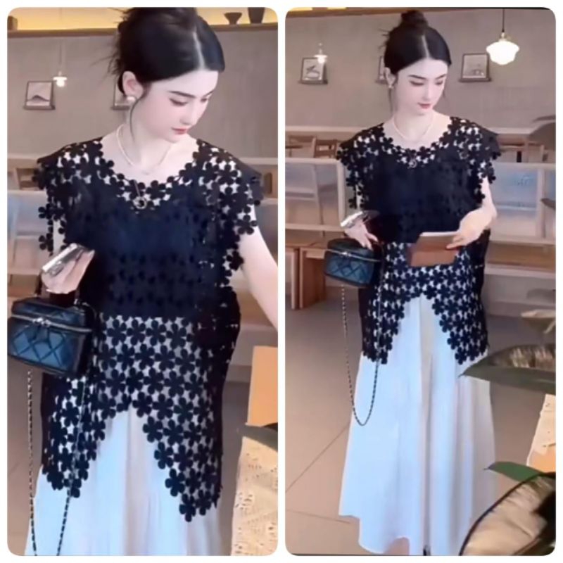 4194 Baju atasan blouse luaran MAYFLOWER ASYMMETRIC LACE BROKAT TOP hitam putih mocca wanita premium