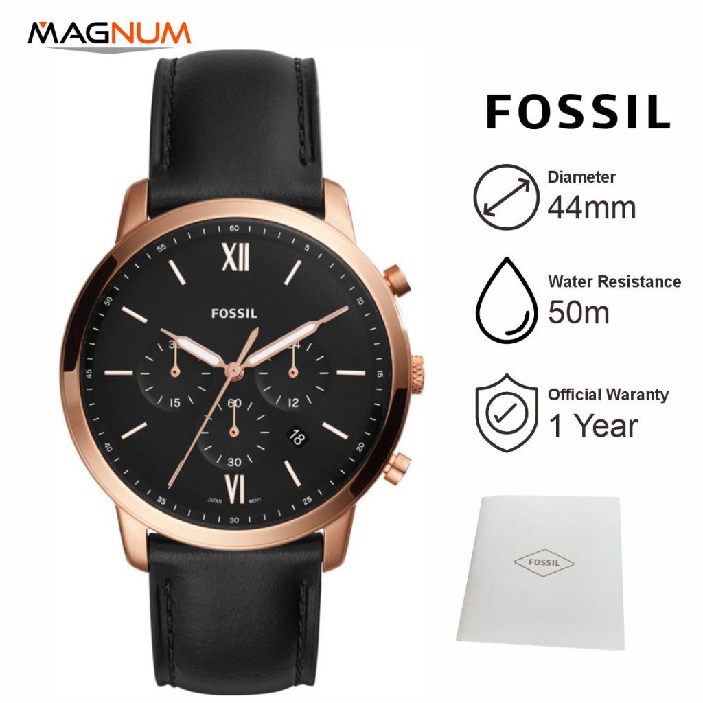 Jam Tangan Pria Fos sil Neutra FS5381 Chronograph Men Black Dial Black Leather Strap