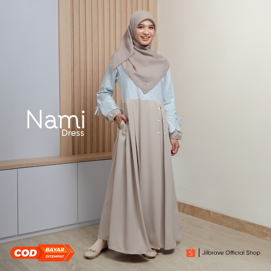JILBRAVE Nami Dress Gamis Syar'i Feminine Aksen Lengan Bordir dengan Pita Elegant Look