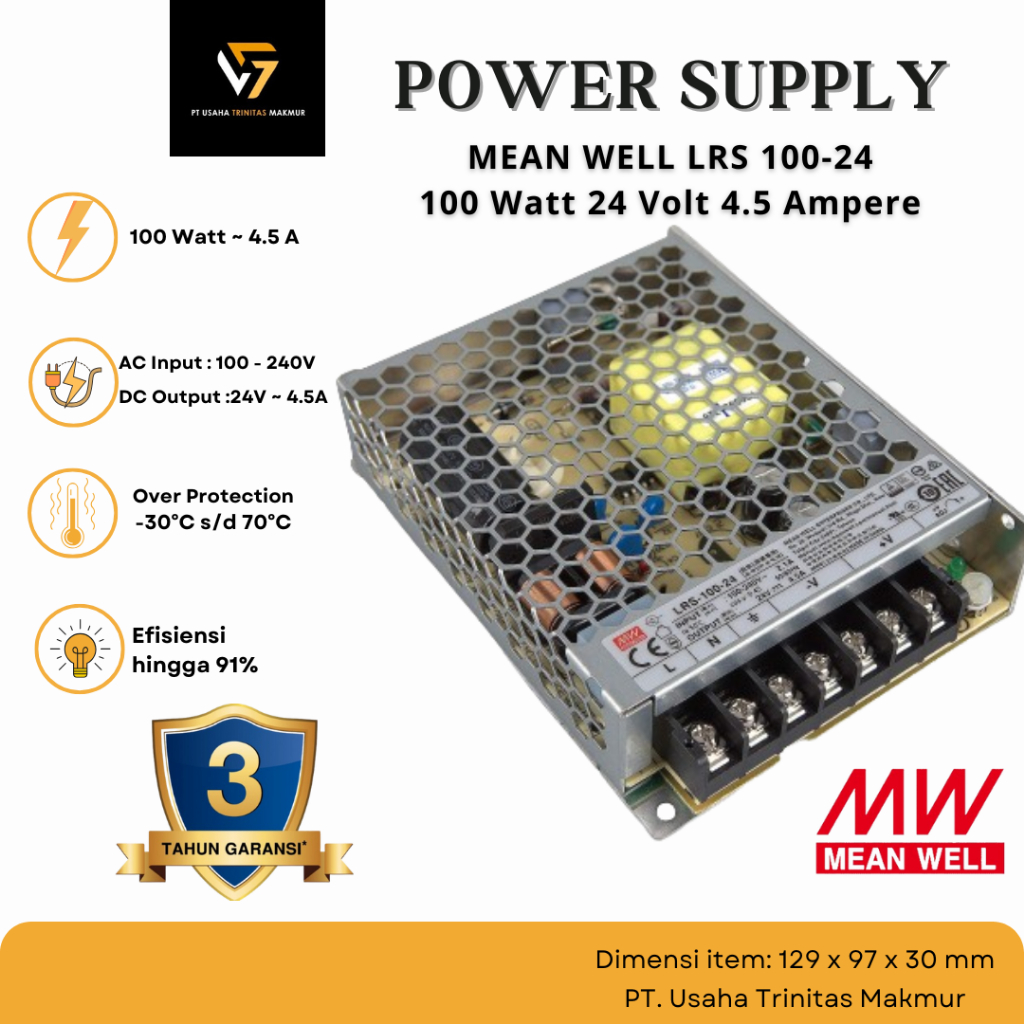 TELCORA MEAN WELL LRS 100-24 Power Supply 100W 24V 4.5A Trafo Adaptor Switching PSU SMPS [Garansi 3 