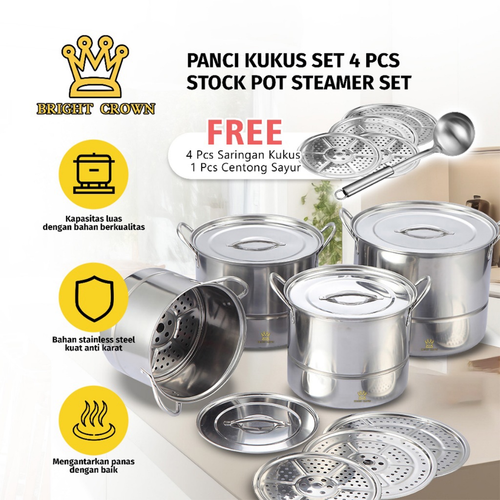 KK by Bright Crown Stockpot Streamer Panci Stainless 4 set+Centong Sayur FREE STEAMER /Dandang Nasi